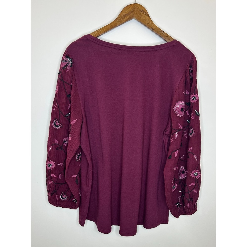 Chico's Embroidered Floral Balloon Sleeve Knit Top Women's Size 3 16 XL Burgundy - Picture 8 of 9